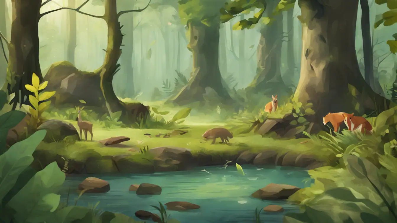 22128b5c-0b77-4d47-8c63-0450b253f196 Forêt tropicale avec animaux sauvages près d'une rivière, illustration artistique pour jeu vidéo Air-Gaming.