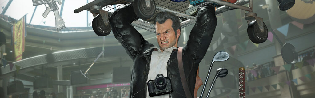 Buteur avec une arme à feu dans un centre commercial, devant un caddie rempli d'armes et d'objets dangereux, scène de vidéo de jeu ou d'animation intense, environnement de shopping moderne.