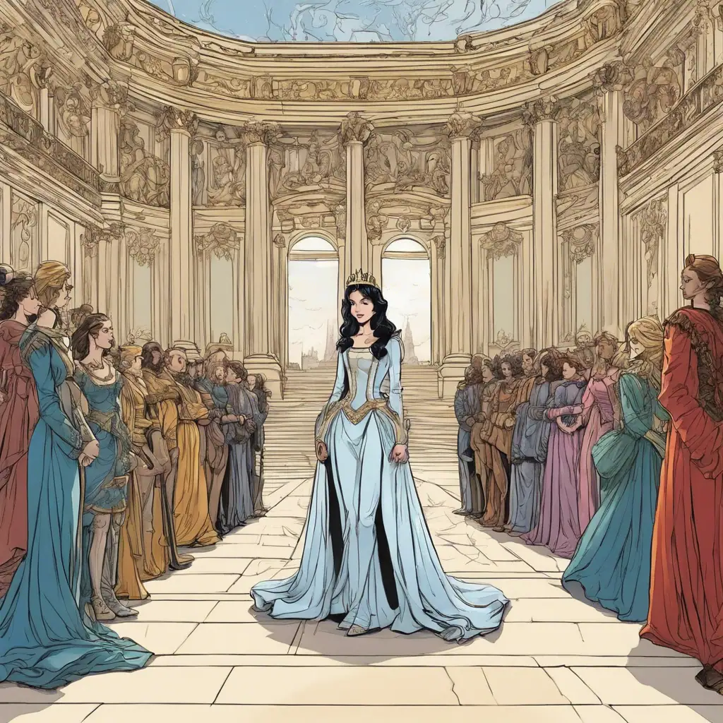 45ce7161-7124-424d-bd68-6121f78d9ed8 Roi ou reine dans un palais baroque avec un cortège de noble vêtus d'élégantes robes médiévales.