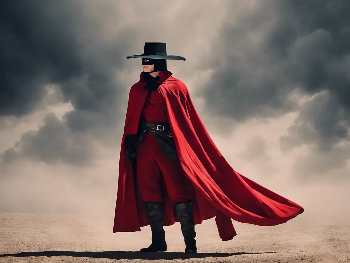 791f0e32-89df-4562-884f-efabb92ec107 Vengeur masqué en costume rouge et cape, portant un chapeau noir, dans un paysage désertique avec ciel orageux, évoquant un héros d'action ou un personnage de fiction.