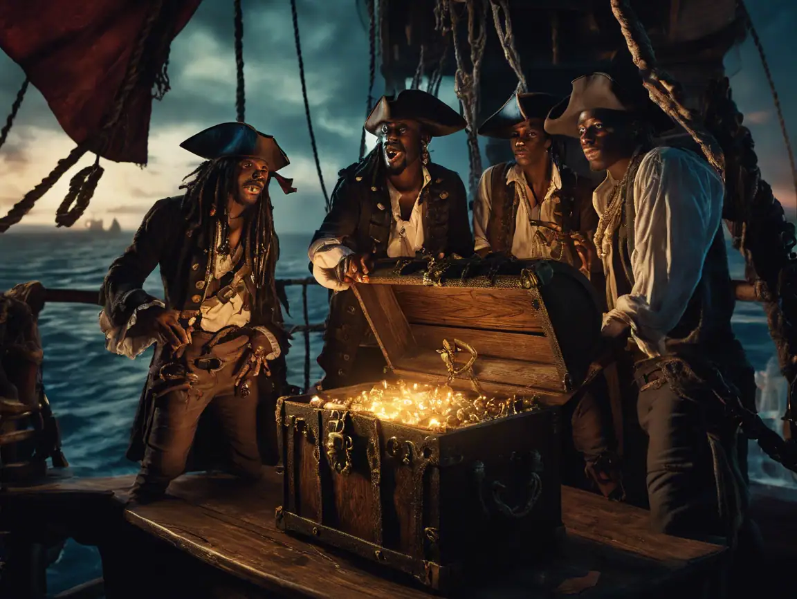 f94dacef-d8b8-407c-a13e-8028120a0b8c Tresorerie de pirates sur un navire, coffre au trésor rempli d’or et de bijoux, scène d’aventure maritime, collaboration pirate, ambiance dramatique et excitante.