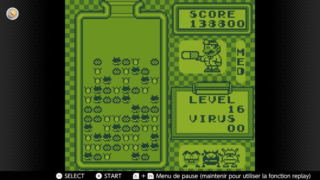 Pixel art jeu vidéo de casse-tête avec des virus et des petits personnages mignons en style rétro vert monochrome.