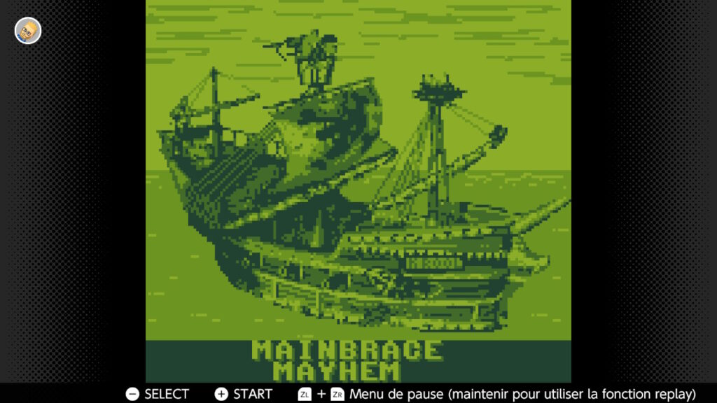 Ancien jeu vidéo rétro de bateau pixelisé, illustrant le titre "Mainbrage Mayhem" sur un fond vert, évoquant le jeu d'arcade ou de stratégie maritime en pixel art.