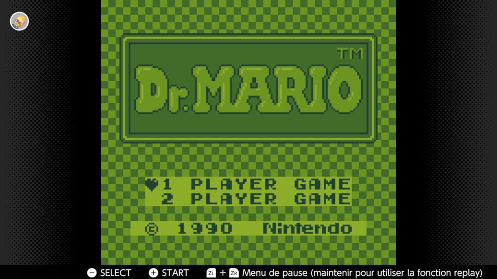 Dr mario jeu vidéo rétro pour console Game Boy en 1990, écran de titre vert pixelisé, style classique de jeu vidéo vintage, parfait pour collectionneurs et amateurs de jeux rétro.