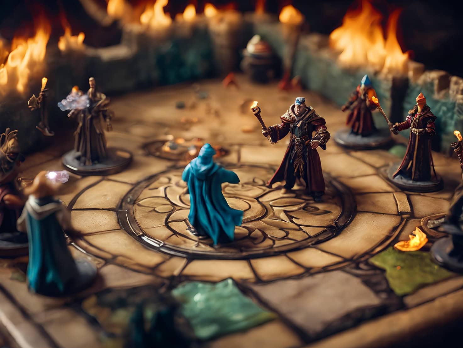 3b826230-a788-401f-890a-16faf7423cc9 Miniature de jeu de société avec figurines fantastiques, représentant une scène stratégique dans un univers de jeu de rôle et de combat magique. Parfait pour les amateurs de jeux de plateau et de fantasy.