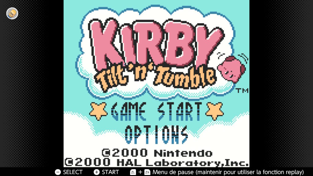 Kirby le zombie, jeu vidéo rétro, style pixel art, écran titre coloré, fan de jeux Nintendo et HAL Laboratory, aventure et plateforme, jeu d'époque sur console portable.