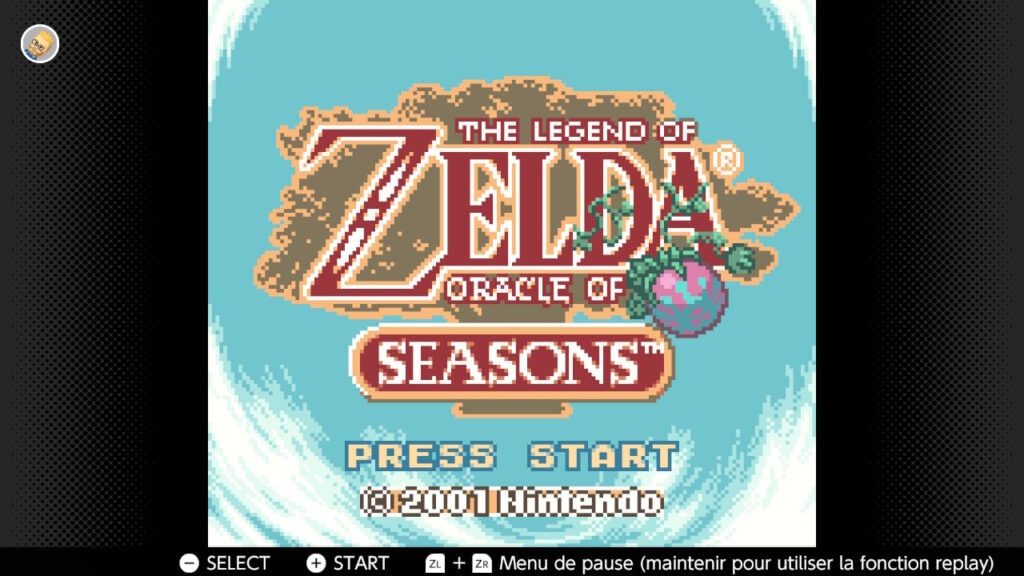 Zelda Oracle of Seasons jeu vidéo rétro pixel art, écran de titre avec logo coloré et bouton "Press Start", illustrant un jeu d'aventure classique pour consoles Nintendo, ambiance nostalgique.