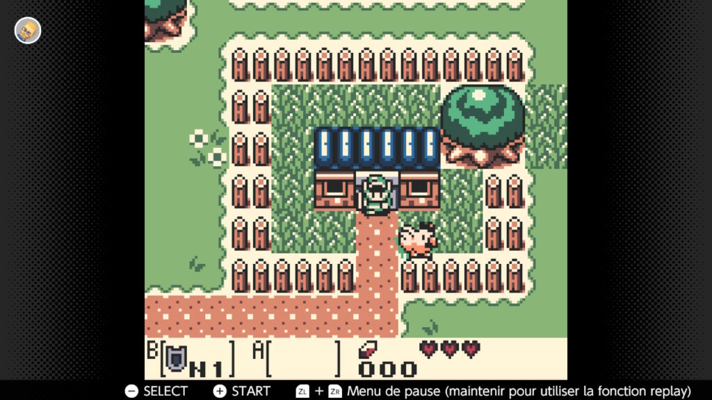 Faible résolution de pixel art du jeu vidéo Zelda Link's Awakening en style rétro, avec personnage principal dans un paysage verdoyant entouré de clôtures naturelles.