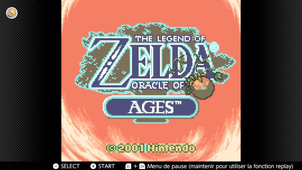 Zelda Oracle of Ages jeu vidéo rétro pixel art sur console Game Boy Color, écran de titre, style de jeu d'aventure, nostalgie, jeux vidéo classiques.