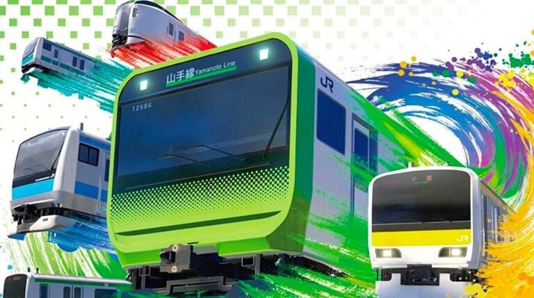 Rame de trains modernistes en couleurs vives illustrant le domaine du gaming et des simulations de transport, sous un fond artistique dynamique et coloré.