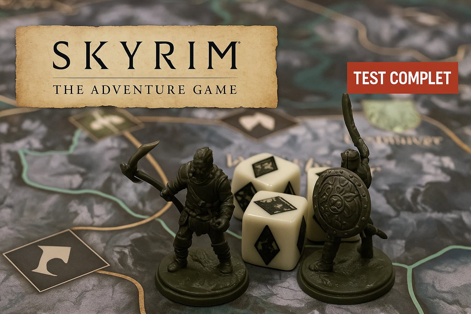 ChatGPT Image 29 mars 2025, 09_17_11 Miniatures de guerriers Vikings, dés à six faces et plateau de jeu, illustrant une partie stratégique de Skyrim : The Adventure Game. Parfait pour les passionnés de jeux de société et d'aventures fantastiques.