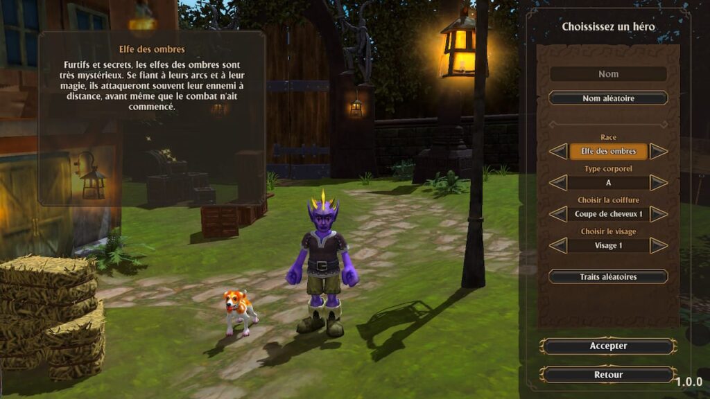 Un personnage de jeu vidéo fantasmagorique avec un chien, dans l'univers d'Air-Gaming, interface de création de personnage, ambiance médiévale fantastique, choix de héros et personnalisation.