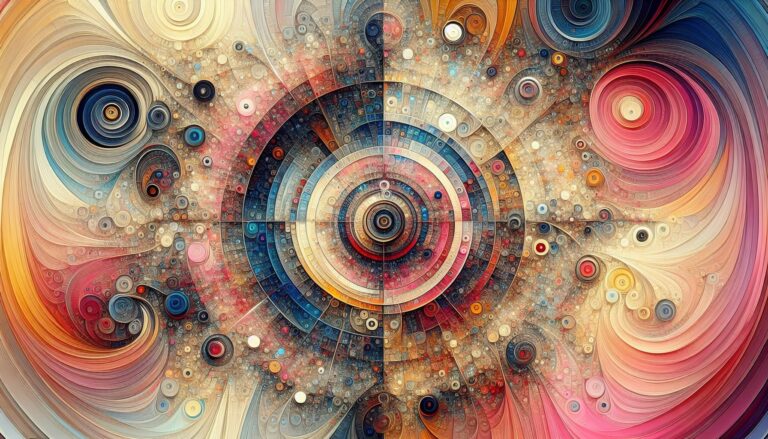 Vague abstraite colorée avec motifs géométriques et spirales, représentant une œuvre d’art numérique moderne pour site de gaming et divertissement.