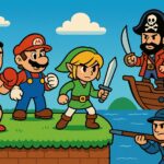 Superhéros et pirates s'affrontent dans un univers de jeux vidéo de combat inspiré de Super Mario et des pirates, avec des personnages en pixels et un décor coloré.