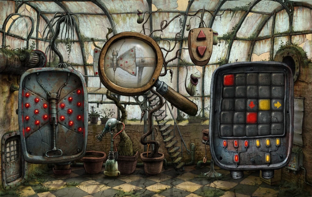 Clonage de machine de jeu vidéo dans un environnement abandonné, style steampunk, avec des lumières LED rouges et une ambiance mystérieuse, idéal pour jeux d’évasion et aventures interactives.