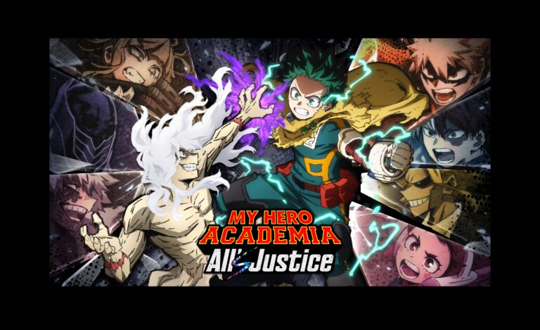 Ultra HD jeu vidéo my hero academia all justice, personnages animés en action, combat épique, style manga, illustrations colorées, pour fans d'anime et de jeux de combat.