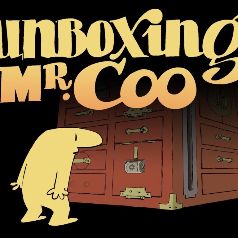 Unboxing Mr. Coo, personnage jaune curieux regarde une armoire ancienne en bois avec serrure mystérieuse en illustration stylisée pour jeu ou animation.