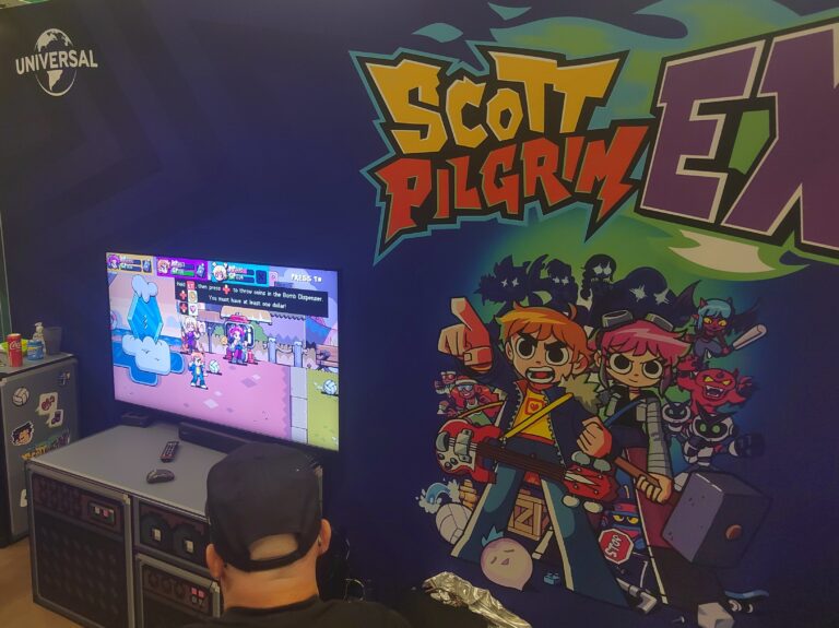 Scott Pilgrim jeu vidéo arcade avec personnages colorés et design pixel art, à tester dans un espace dédié aux jeux rétro et modernes, idéal pour les fans de jeux vidéo, arcade et animations animées.