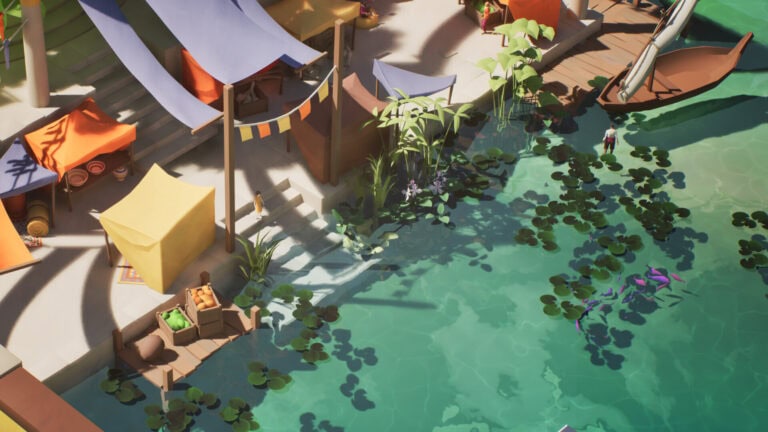 Navire de pêche coloré sur un plan d'eau avec plantes aquatiques et personnes, scène de jeu vidéo.