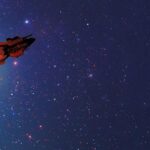 Vaisseau spatial en feu dans l'espace avec une traînée de feu, illustration numérique, contexte de jeux vidéo de simulation spatiale, Air-Gaming, passion pour l'aviation et les jeux de tir en ligne.