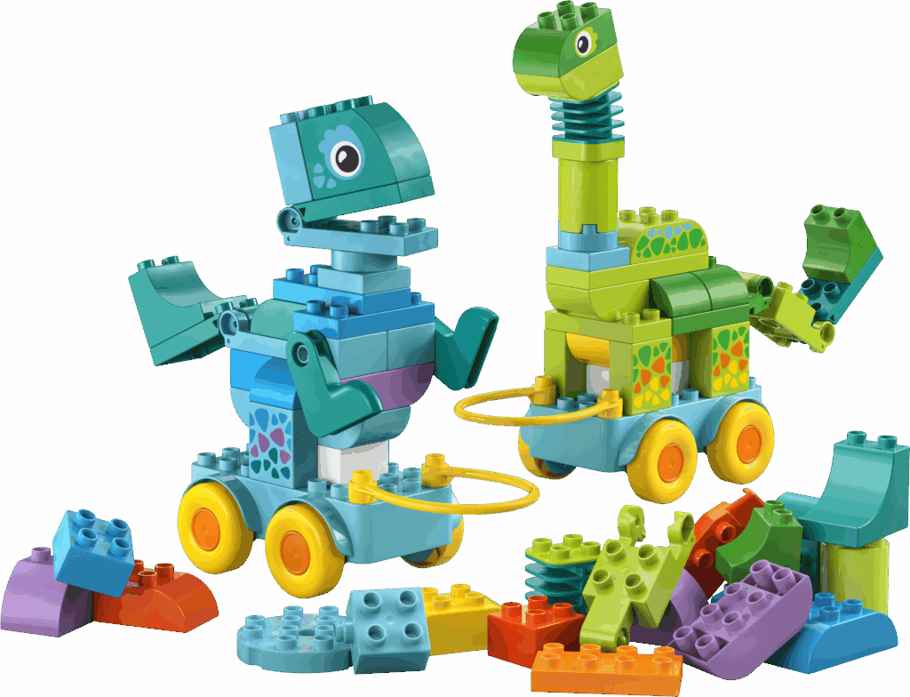 Déguisements colorés en briques LEGO de dinosaures et véhicules éducatifs pour enfants, idéal pour jouer et développer la créativité, parfait pour l'apprentissage du jeu.