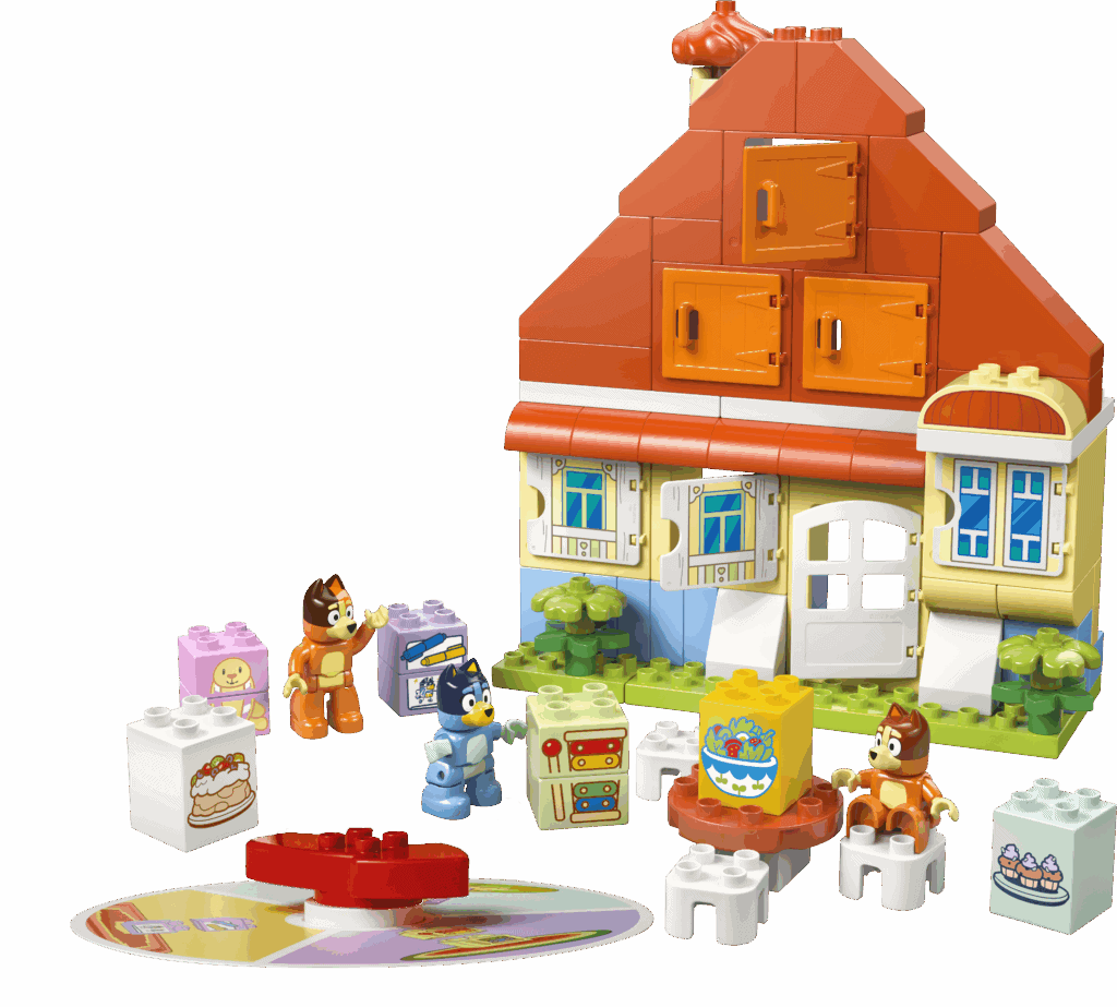 Lego maison enfant, jouet construction pour enfants, set brickhouse avec personnages animaux, jeu créatif pour kids, idée cadeau ludique et éducative, illustration de habillage en briques colorées.