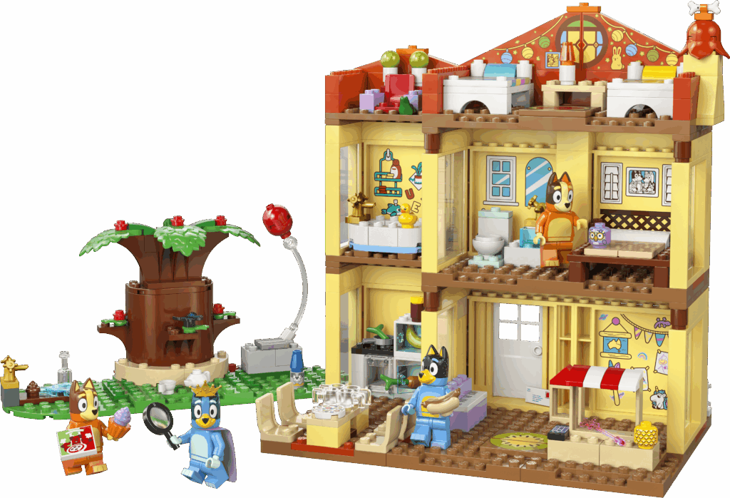 Un set de construction LEGO Maison en bois avec personnages animaux et décors colorés, idéal pour enfants et collectionneurs, représentant un intérieur cosy et un arbre avec balançoire.