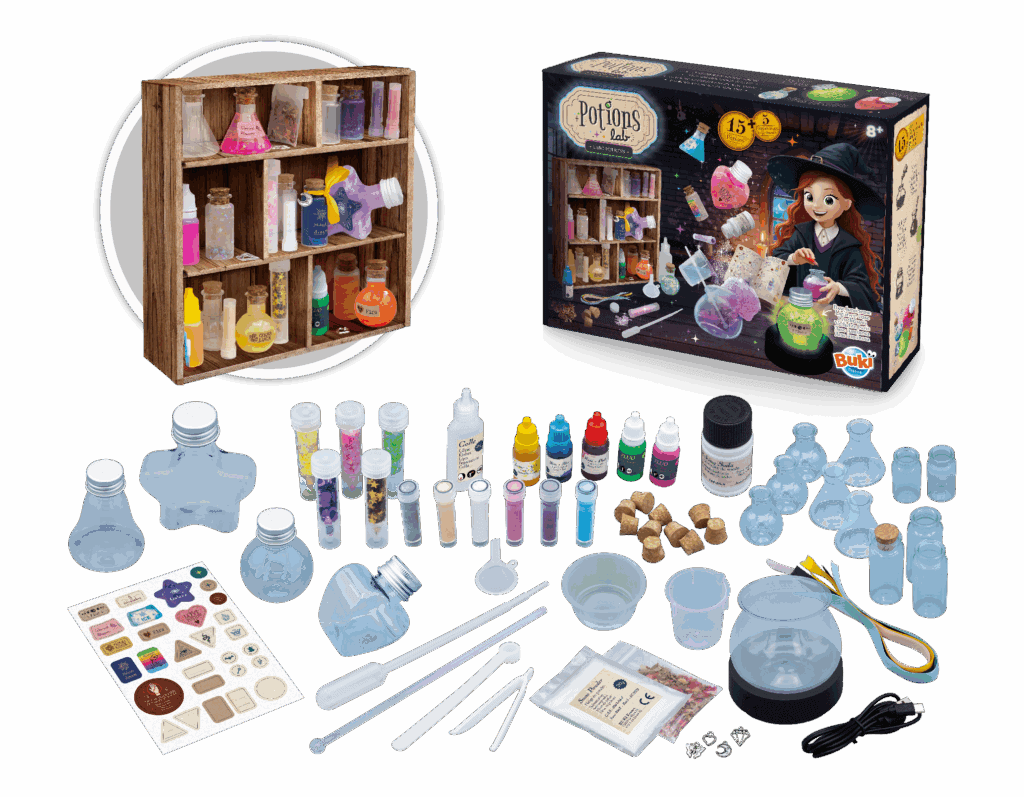 Pots à souffler, kit de laboratoire de sorcellerie pour enfant avec accessoires pour création de potions magiques, mélange de fioles colorées, poudres, stickers et outils de laboratoire en bois.