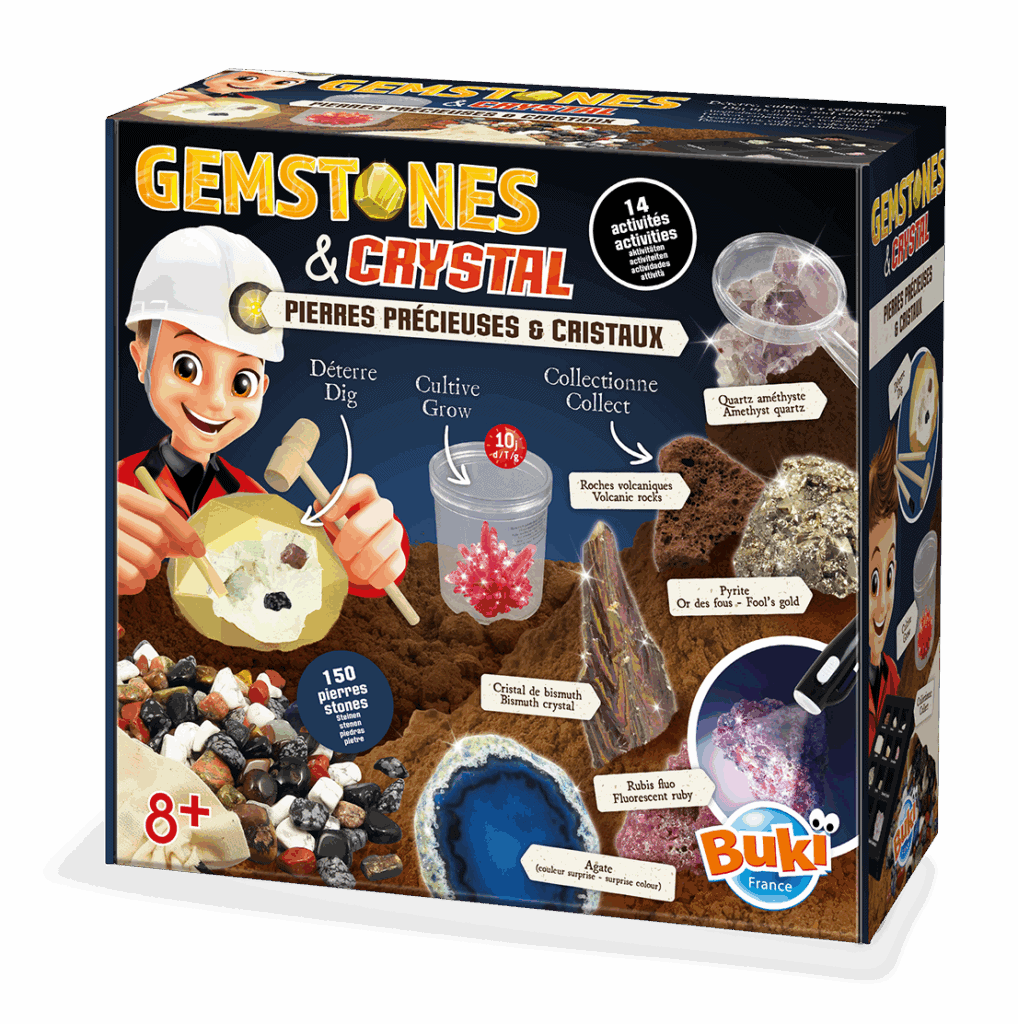 Plaquette de jeu éducatif sur les pierres précieuses et cristaux pour enfants, exploration ludique, collection de gemmes, activités scientifiques, développement cognitif, jeu à partir de 8 ans.