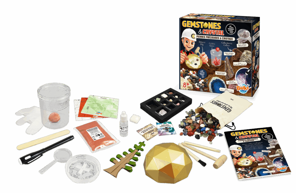 Pierre précieuse à fabriquer en kit avec accessoires pour jeux de découverte et d'exploration, idéal pour enfants et passionnés de minéraux, activité éducative sur le thème des gemmes et cristaux.