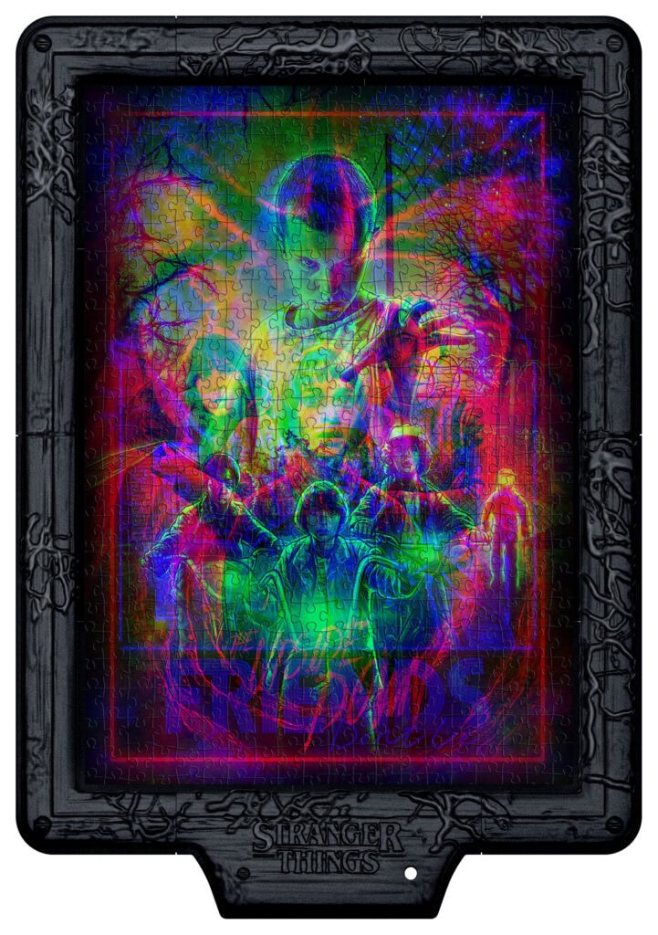 Puzzle affichant un poster coloré de la série Stranger Things, avec un cadre noir sculpté, évoquant un style mystérieux et rétro. Parfait pour une décoration geek ou fan de science-fiction.