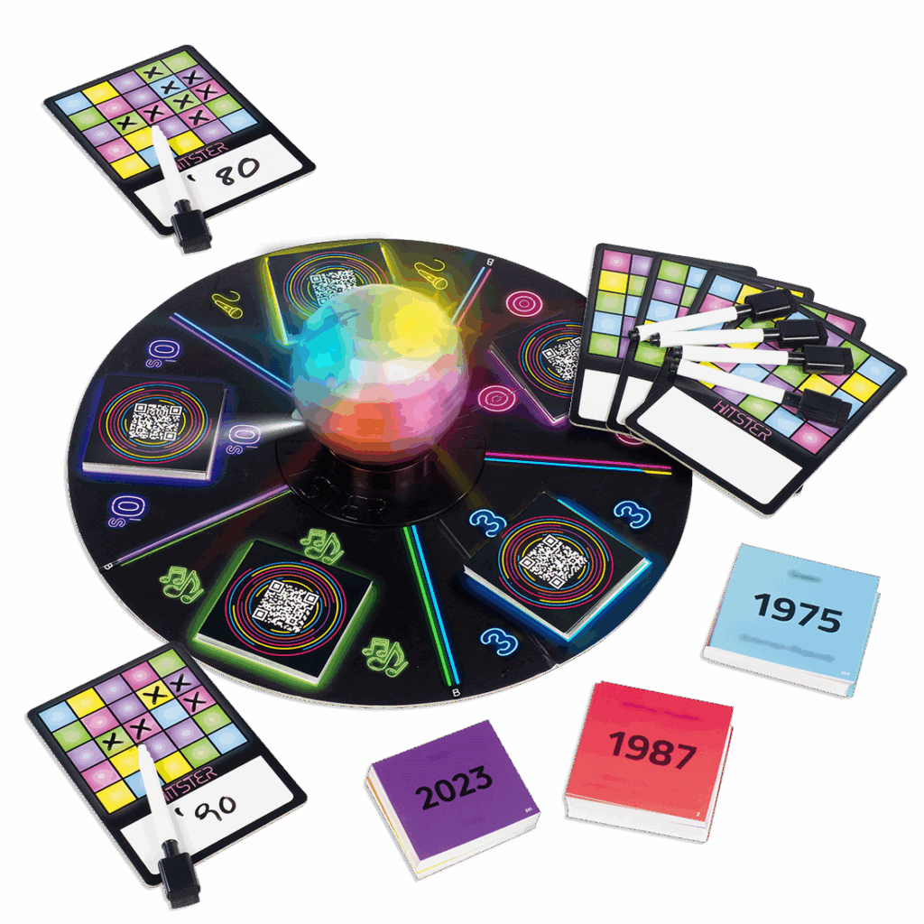 Joueur de jeux de société moderne avec éléments interactifs, cartes, et scores, parfait pour le divertissement familial ou entre amis, mettant en avant l'innovation dans les jeux de société.