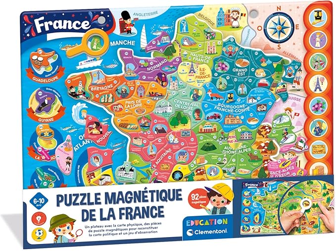 France puzzle magnétique - Carte de géographie de France avec pièces magnétiques, jeu éducatif pour enfants de 6 à 10 ans, idéal pour apprendre la géographie et la culture françaises de manière ludique.