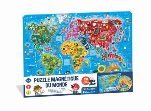 Un puzzle magnétique du monde coloré avec continents et animaux, idéal pour l'apprentissage ludique chez Air-Gaming.