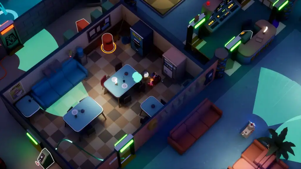 Salle de jeux d'arcade et lounge d'intérieur dans un style futuriste, avec des tables, des canapés, des machines d'arcade et un environnement immersif lumineux pour une expérience gaming unique.