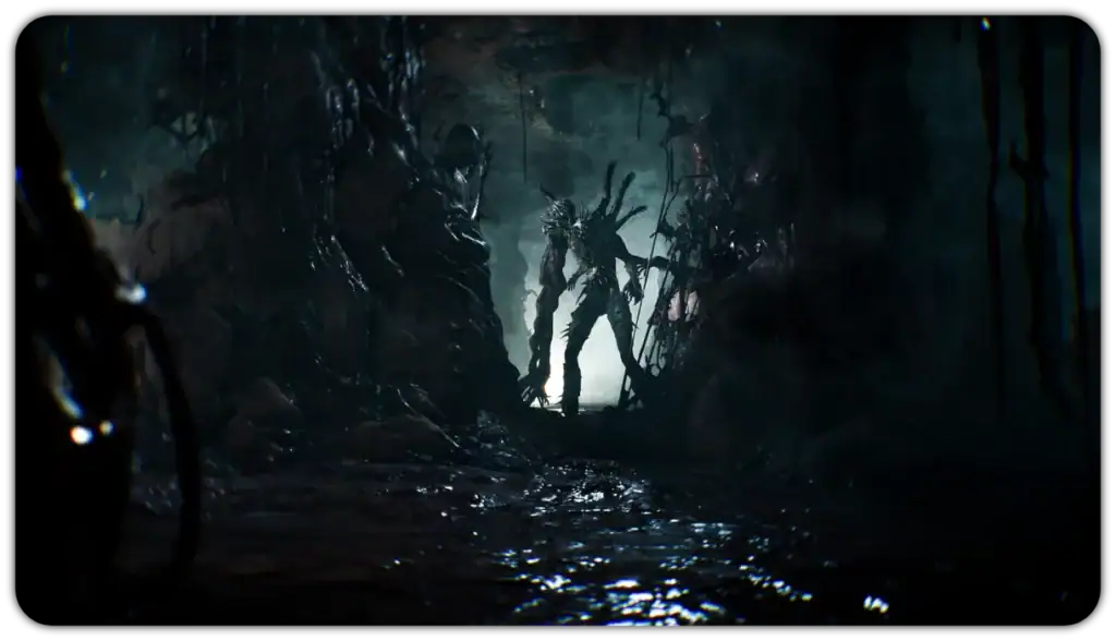 Un environnement sombre et mystérieux dans un jeu vidéo, avec des créatures inquiétantes et un décor glauque évoquant la peur et l'aventure fantastique.