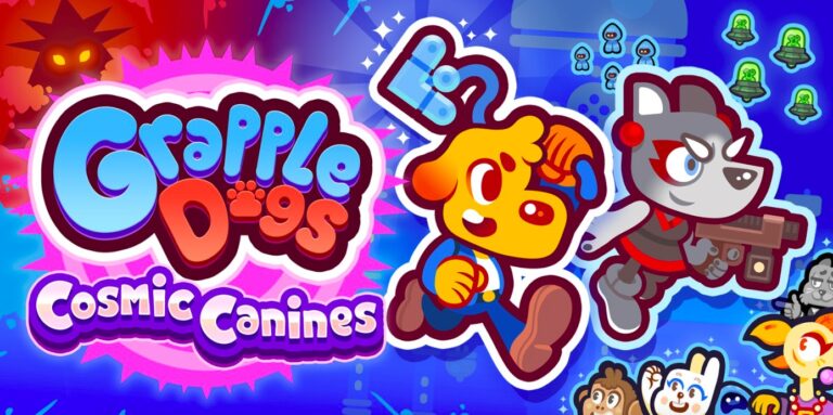 Crapple Dogs : jeu vidéo de plateforme avec personnages de chiens lunaires et univers spatial vibrant.