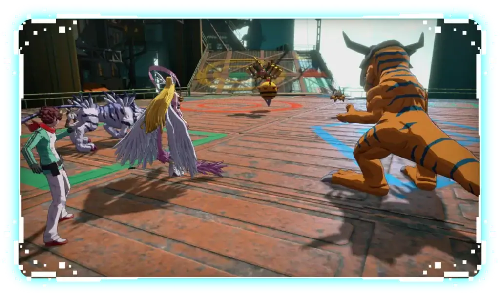 Détails de battles de Pokémon avec des créatures mythiques et des combattants humains dans une arène numérique de style arcade.