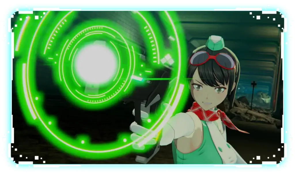 Tir avec un arsenal futuriste dans un jeu vidéo d'action, mettant en scène une jeune fille avec des lunettes de soleil rouges, dans un décor de guerre post-apocalyptique, style anime et gaming.