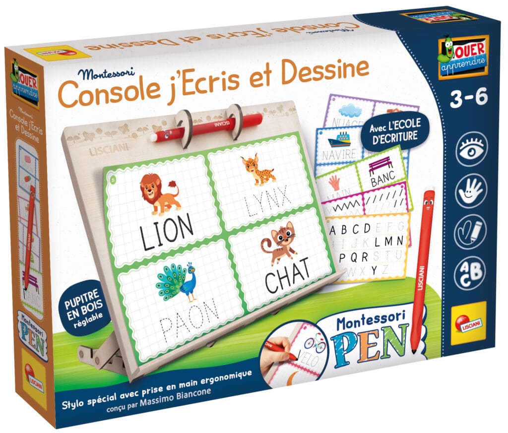Ludothèque Montessori Console d'écriture et dessin pour enfants 3-6 ans avec tableau en bois, crayons et activités éducatives.