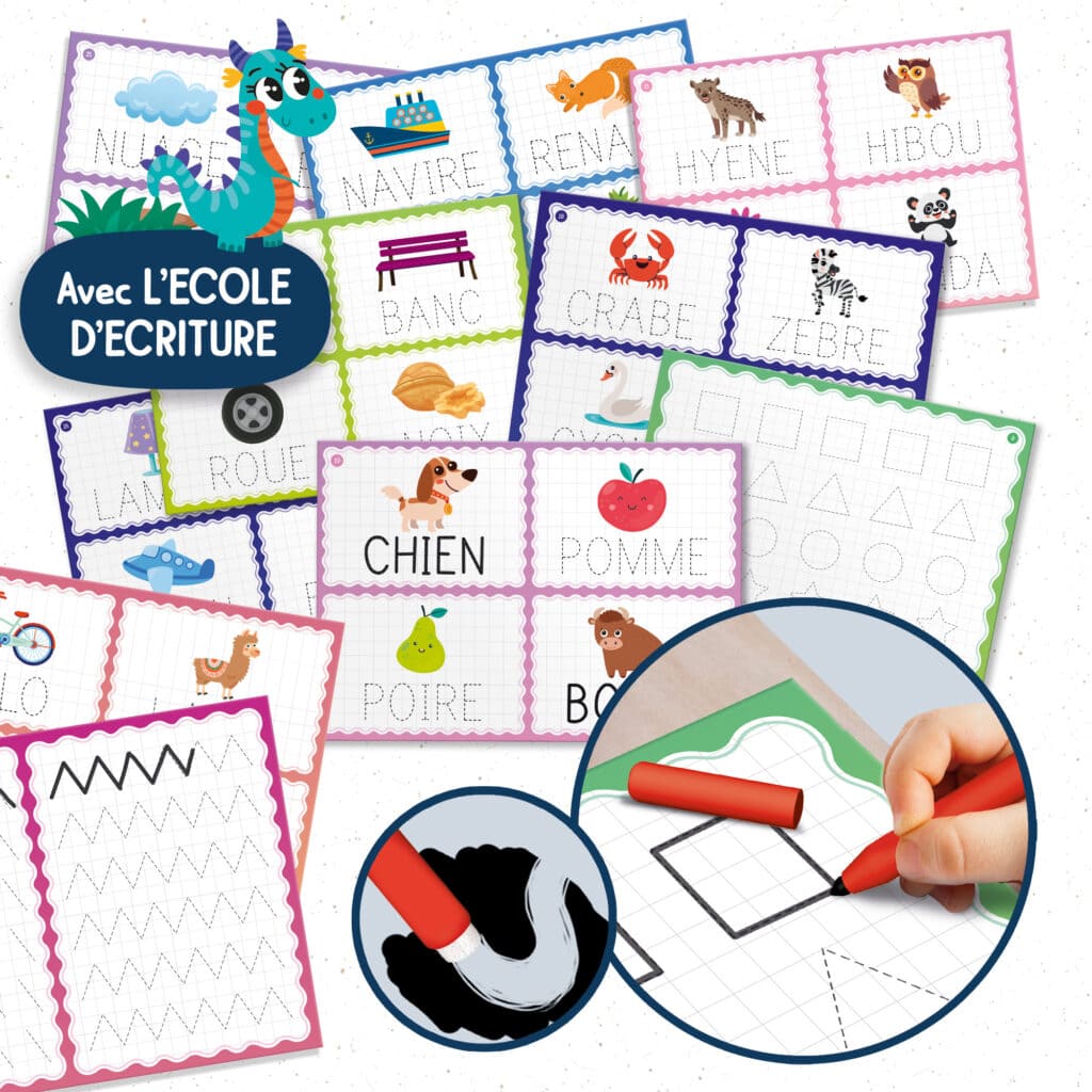 Apprentissage de l'écriture avec des cartes d'animaux, fruits et véhicules pour enfants, intégrant des exercices de tracé de lettres et de dessin pour développer compétences en français.