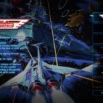 Véhicule spatial futuriste dans un environnement de jeu vidéo de science-fiction, avec une sélection de titres de jeux d'espace et d'arcade, dans un style pixel art rétro.