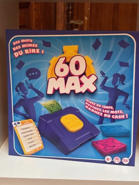 Mots, mimes, jeu de société 60 MAX, jeu familial humoristique, développement linguistique, amusement pour enfants et adultes, jeu de mots et devinettes, parfait pour soirée entre amis, renforce la communication, idéal dès 8 ans, offres de jeux éducatifs.