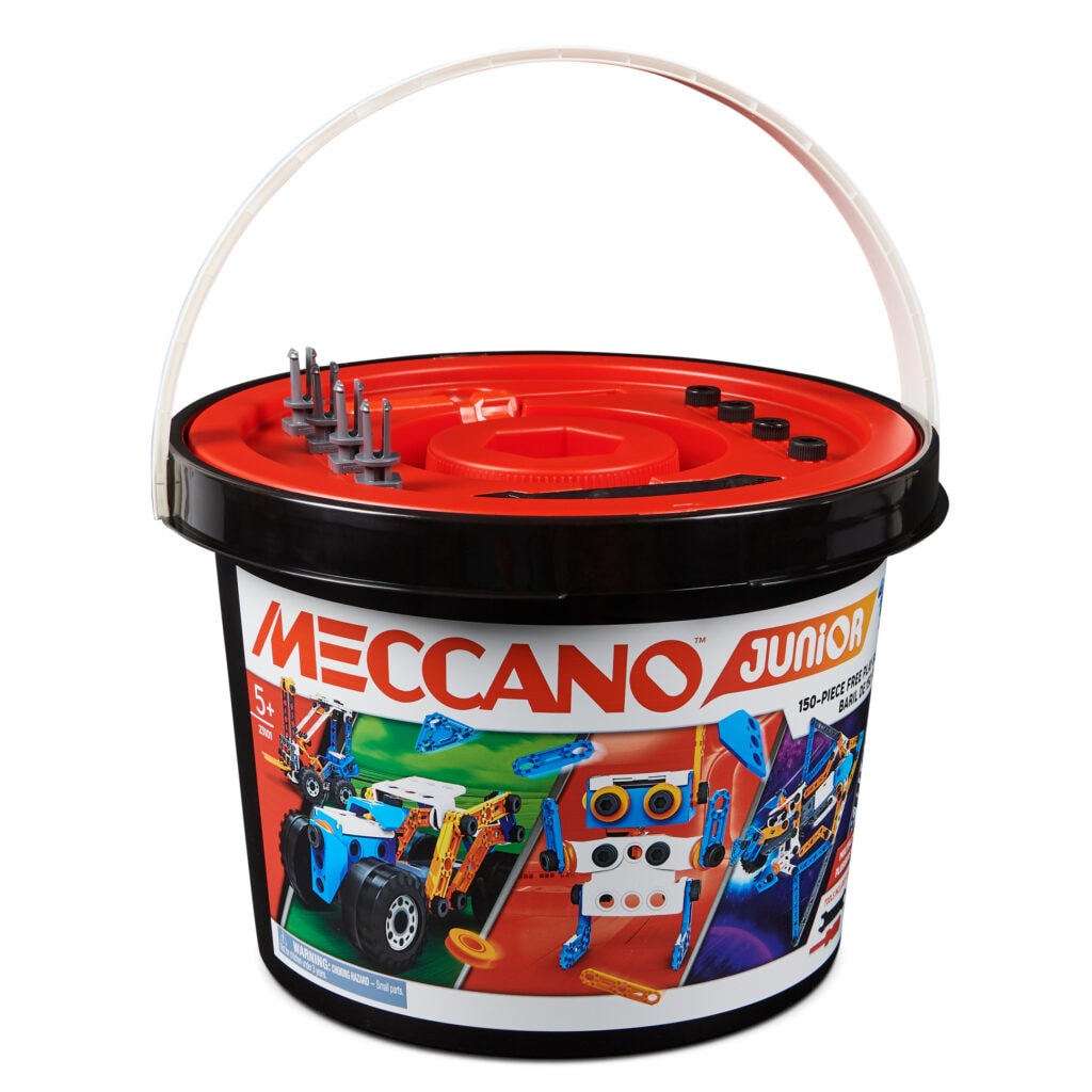 Puits de construction Meccano Junior avec pièces en plastique pour créer des modèles robotiques et mécaniques. Parfait pour l'apprentissage de la robotique et de l'ingénierie pour enfants.