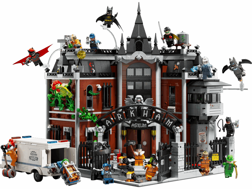 Lego Arkham Asylum, bâtiment gothique avec personnages de super-héros et super-vilains, jouets pour enfants, idéale pour collections de figurines et jeux créatifs.