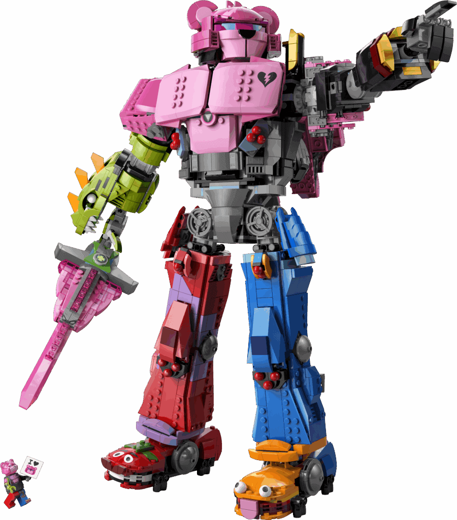 Legende LEGO de robot coloré en forme de personnage de jeu vidéo.