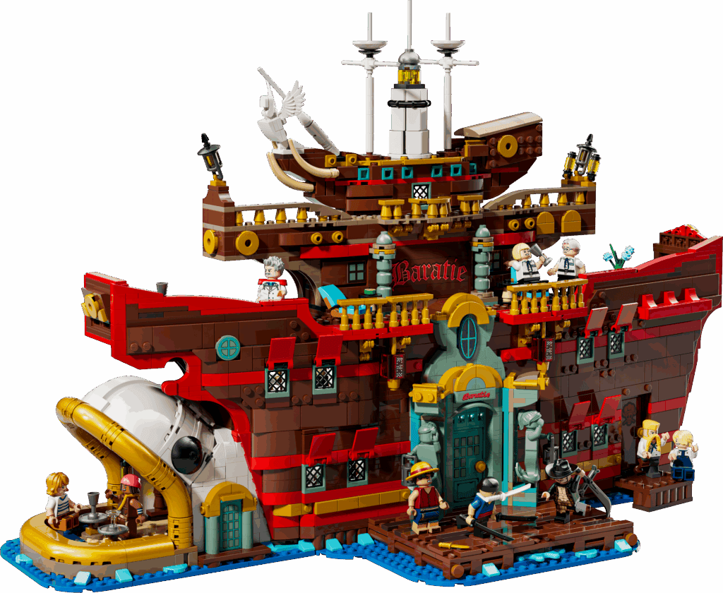 Vieux navire pirate LEGO avec détails complexes, personnages et accessoires, parfait pour les amateurs de jeux de construction et d'aventures maritimes.
