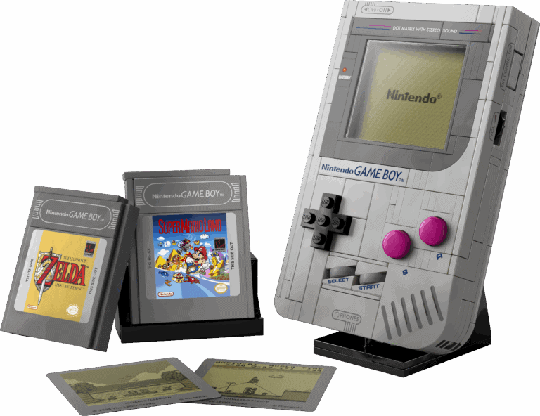 Console de jeu rétro Nintendo Game Boy avec jeux classiques Super Mario Land et The Legend of Zelda, accessoires et cartes à collectionner, parfaits pour les amateurs de jeux vidéo vintage.