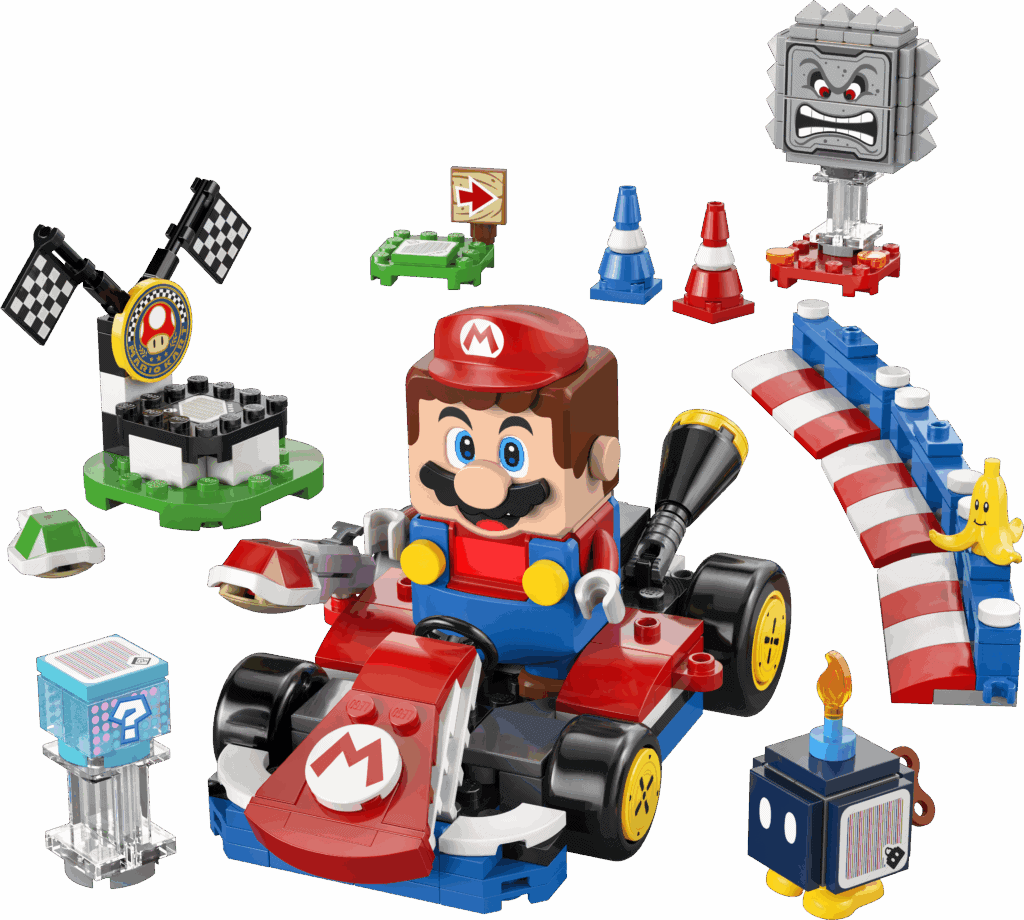 Mini figurine de Mario en LEGO avec voiture de course et éléments LEGO inspirés de l'univers de Nintendo, parfait pour jouer et collectionner.