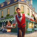Chauffeur de serveur en terrasse de brasserie à Paris avec la Tour Eiffel en arrière-plan, proposant un environnement de jeu immersif sur Air-Gaming, plateforme de jeux vidéo en ligne.